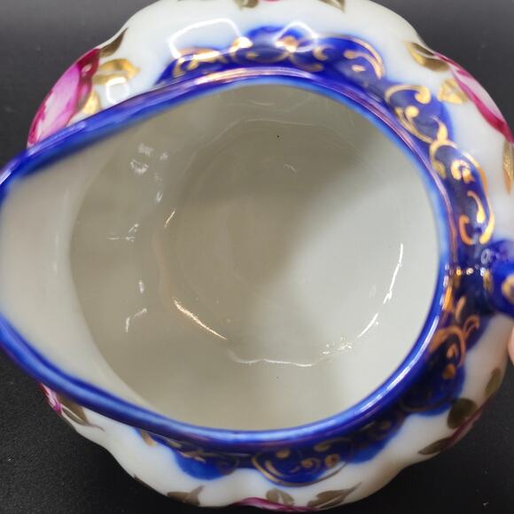 Vintage Porcelain Rose Creamer Sugar Set Blue Gold Gilt Accents - Picture 5 of 10
